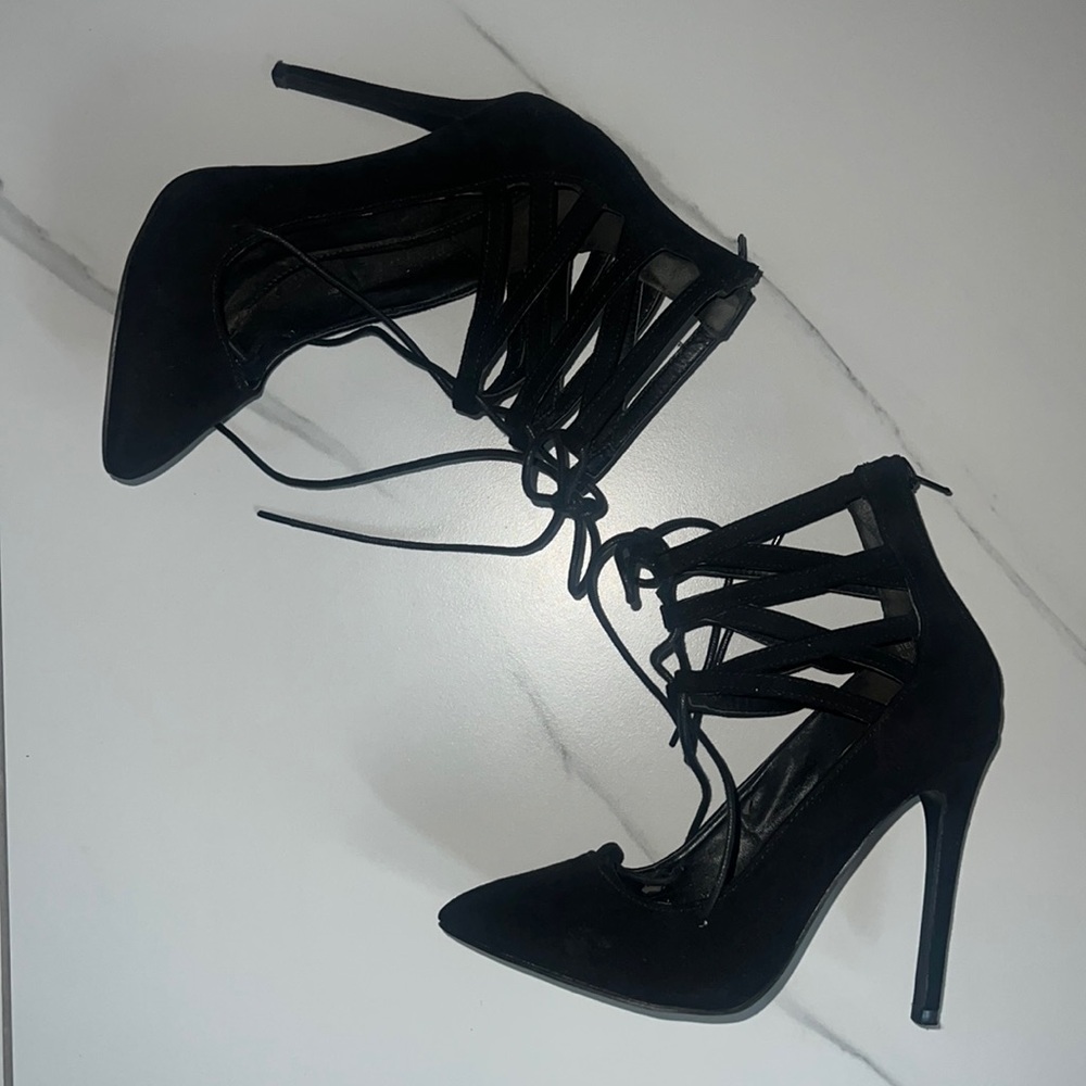 Black pump velvet lace up heels from Charlotte Russe